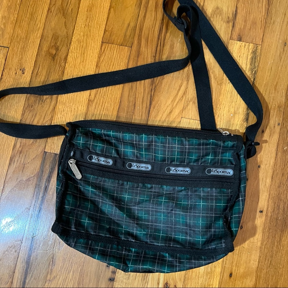 Vintage Lesportsac Classic Everyday Bag Crossbody Green/Black Plaid